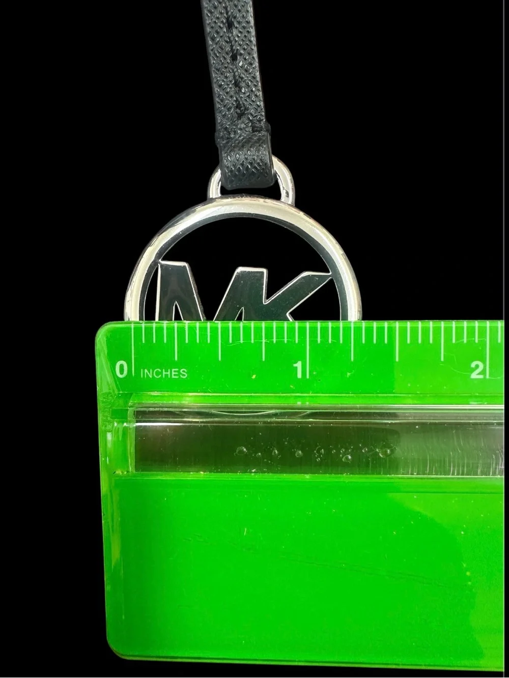 Michael Kors Black Leather Strap MK Logo Charm with Silver Ring